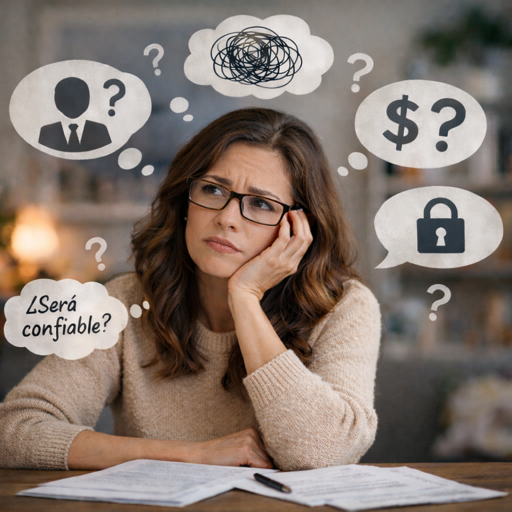 Mujer preocupada buscando asesoría